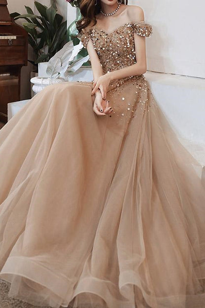Champagne Long Evening Dress Off-The-Shoulder Sweetheart Sequins