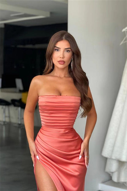 Amazing Coral Strapless Mermaid Prom Dress With Pleats Slit