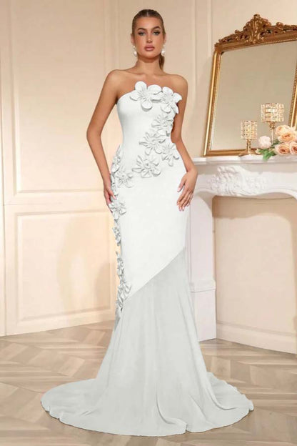 Elegant Sleeveless Satin Square Strapless Mermaid Prom Dress With Handmade Flower