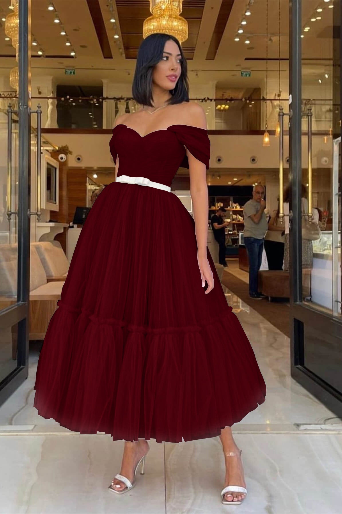 Light Pink Off-The-Shoulder Tulle Prom Dress With Belts Sweetheart