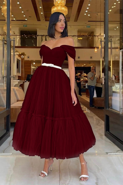 Light Pink Off-The-Shoulder Tulle Prom Dress With Belts Sweetheart