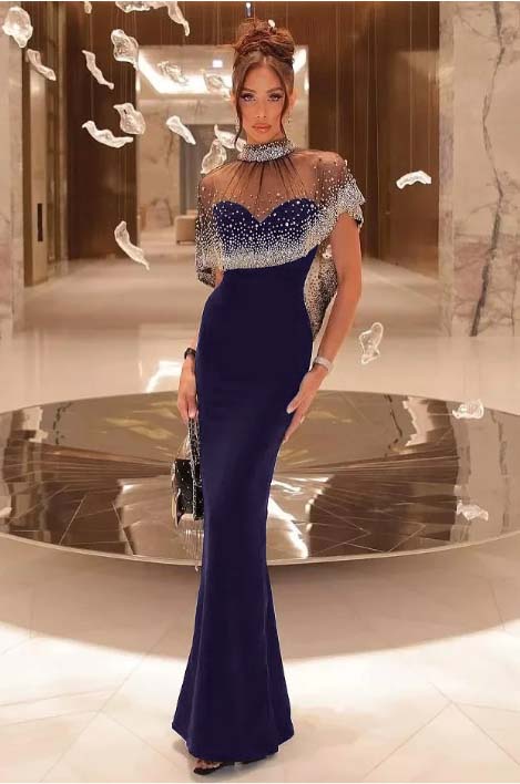 Shinning Black Satin Sweetheart Beaded Sleeveless Mermaid Prom Dress with Shawl