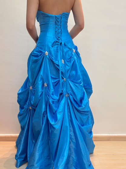 Princess A Line Sweetheart Neck Beaded Rhinestone Blue Satin Long Prom Dress Evening Dress SH2099