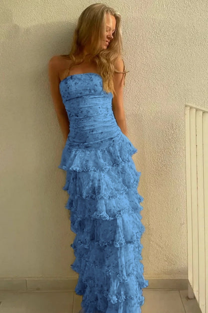 Glamorous Daffodil Sleeveless Strapless Long Evening Dress With Ruffles