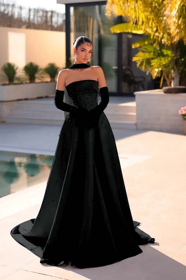 Sleeveless Strapless Long Evening Dress With Appliques Gloves
