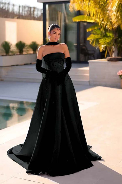 Sleeveless Strapless Long Evening Dress With Appliques Gloves