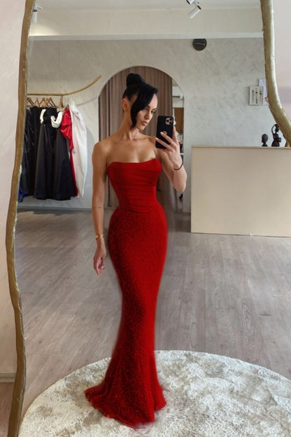 Pink Satin Sequins Spliced Strapless Mermaid Prom Dress