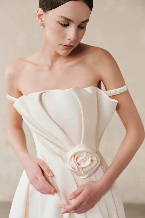 Ivory Off-the-Shoulder A-Line Evening Dress With Pleated