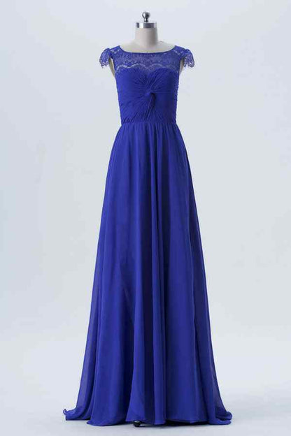 Royal Blue A-line Cap Sleeves Twisted Knot Long Bridesmaid Dress