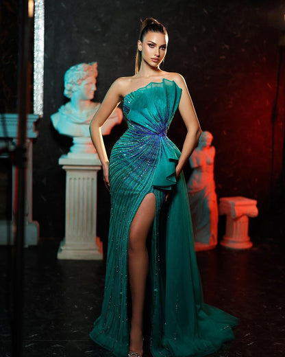Sleeveless Shining Strapless Beading Slit Prom Dress