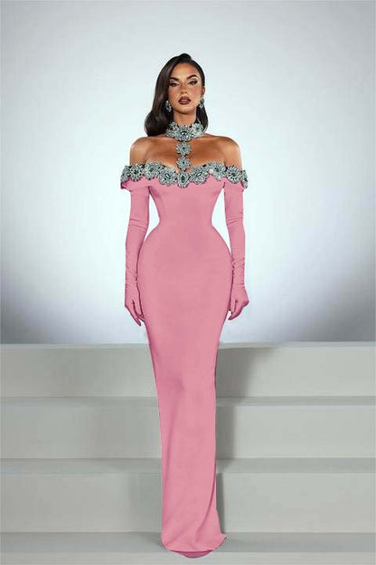 Charming Black Satin Long Sleeves Off the Shoulder Prom Dress with Beadings