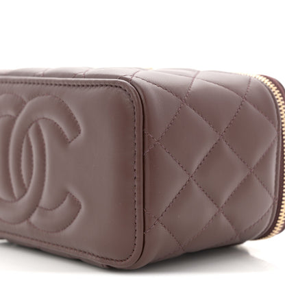Lambskin Quilted Small Top Handle Vanity Case With Chain Dark Brown