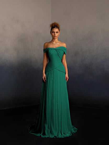 Glamorous Pink Off-The-Shoulder Pleated Long Evening Dress