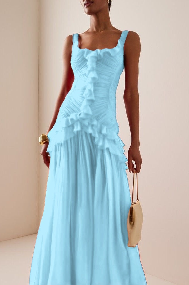 Elegant Ruffled Red Sleeveless Square Long Prom Dress With Pleated