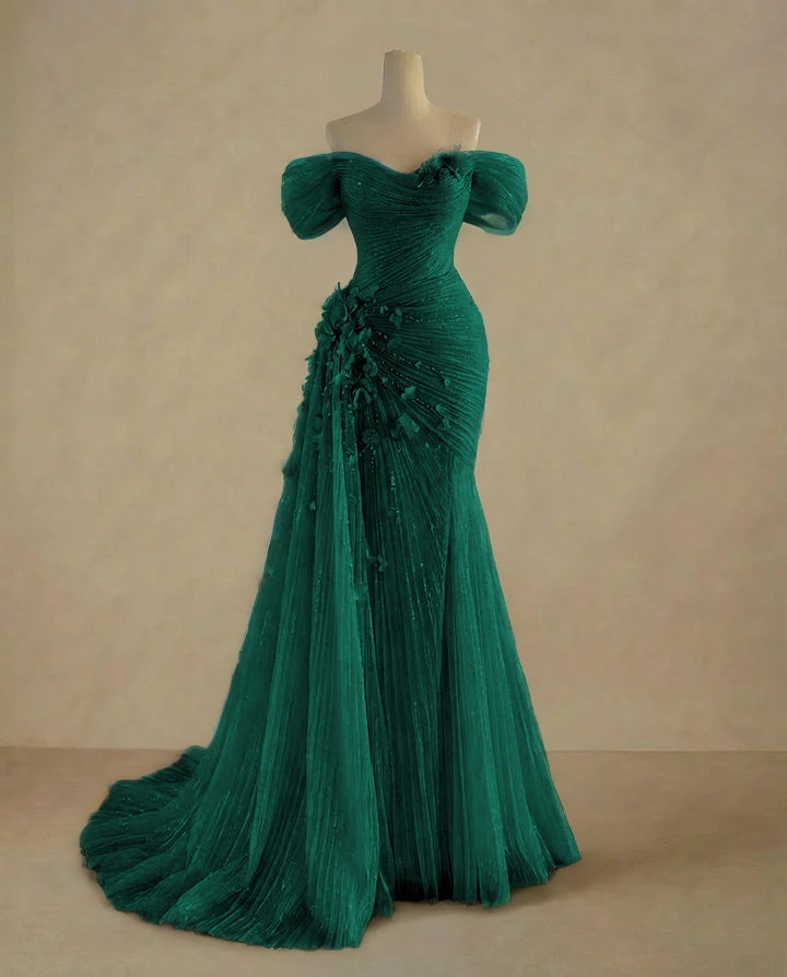 Dreamy Sky Blue Off-The-Shoulder Pleated Sequins Evening Dress With Side Train