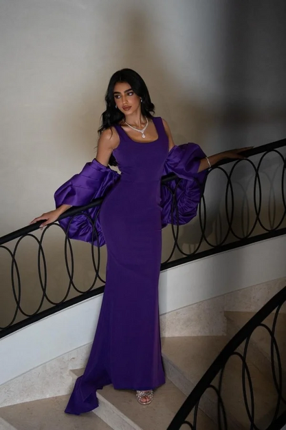 Deep Purple Square-Neck Prom Dress With Circle Shawl