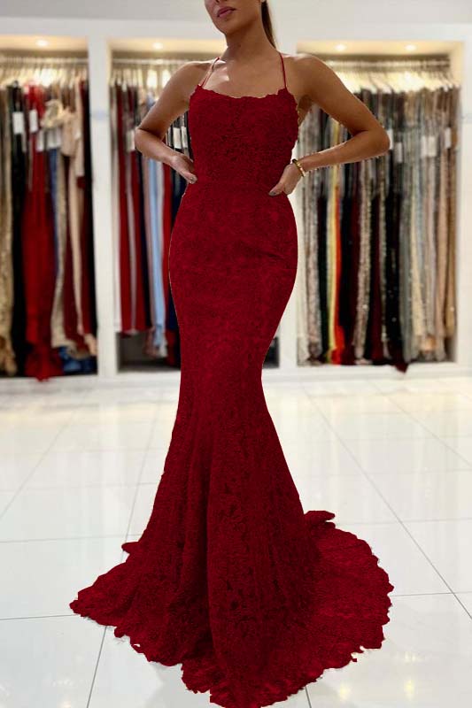 Gold Appliques Long Halter Straps Mermaid Evening Dress