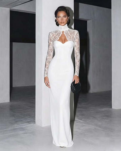 Classic Black High Neck Lace Long Sleeves Maxi Evening Dress