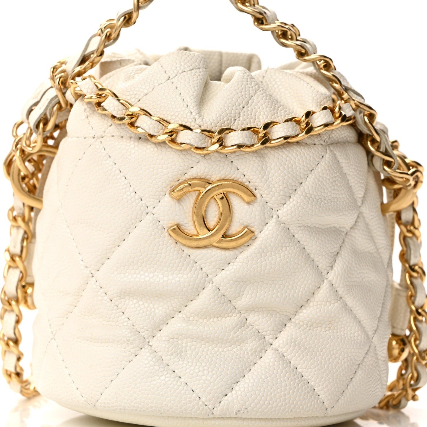 Caviar Quilted Coco First Bucket Clutch With Chain White