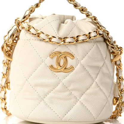 Caviar Quilted Coco First Bucket Clutch With Chain White