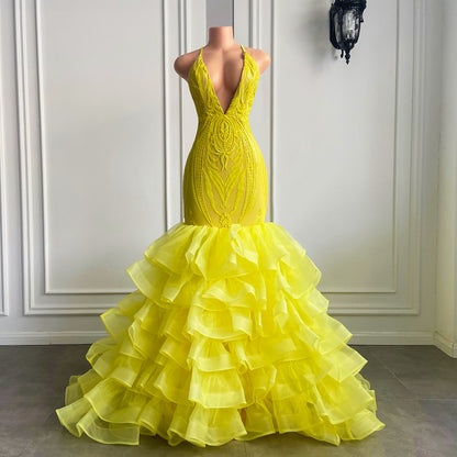 Halter Bright Yellow V Neck Mermaid lace Prom Dress With Ruffle