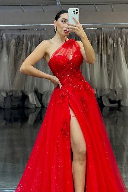 Glamorous Red Tulle One Shoulder Sleeveless Applique Prom Dress with Split