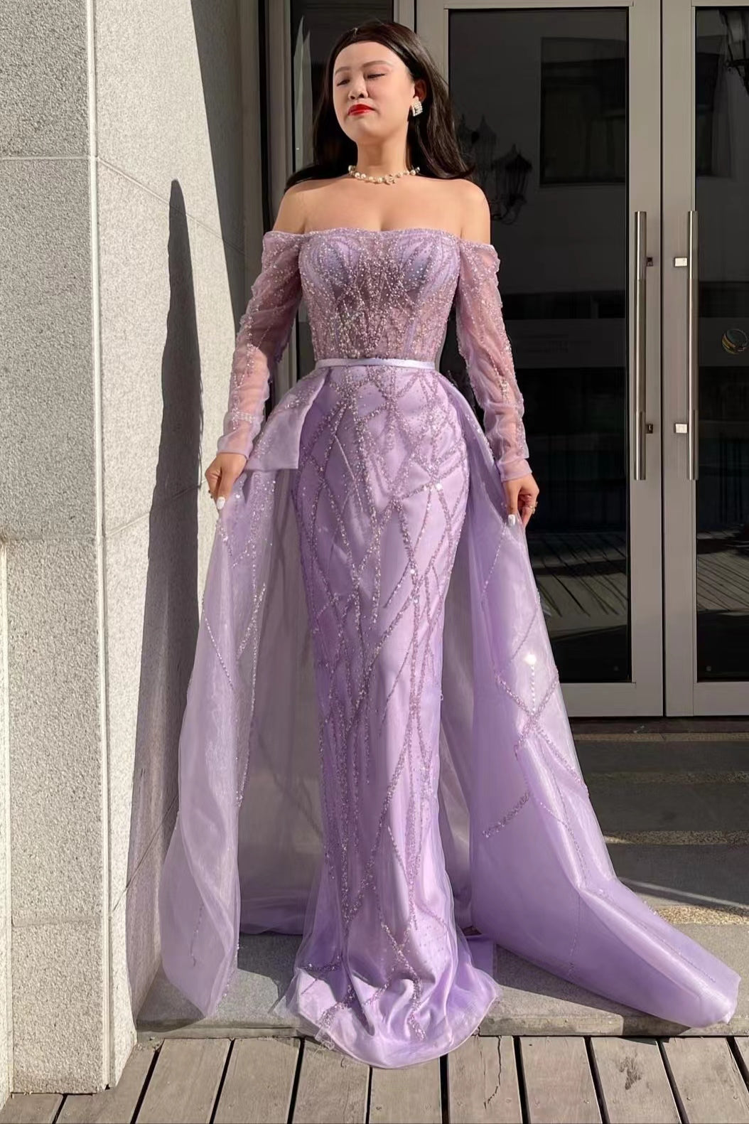 Lilac Off-The-Shoulder Long Sleeves Tulle Prom Dress Mermaid With Beads