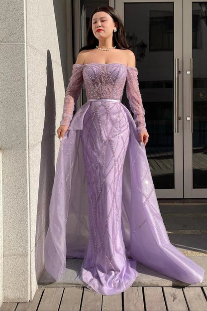 Lilac Off-The-Shoulder Long Sleeves Tulle Prom Dress Mermaid With Beads