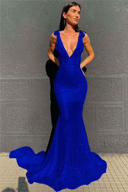 Deep V-Neck  Mermaid Prom Dress Open Back Sequins