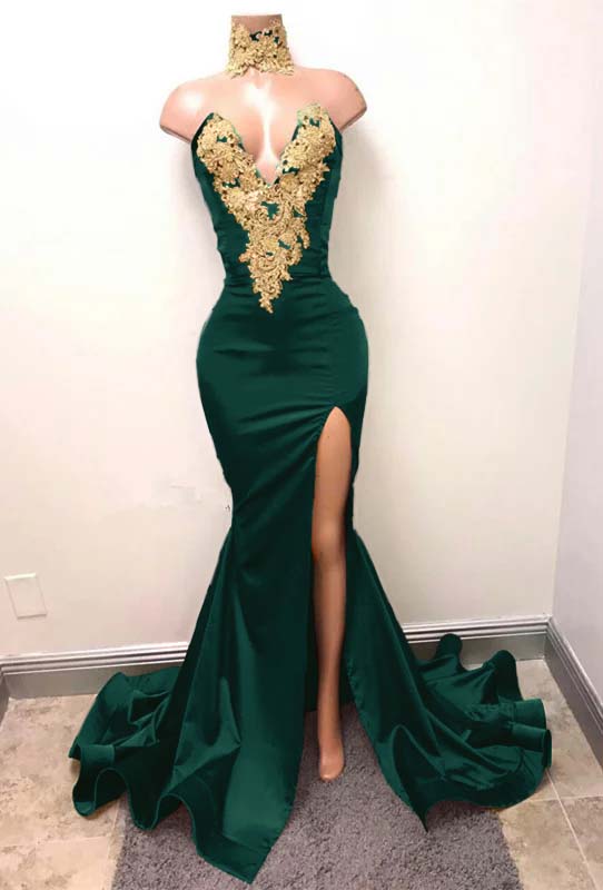 Mermaid Burgundy V-Neck Prom Dress Split With Lace Appliques
