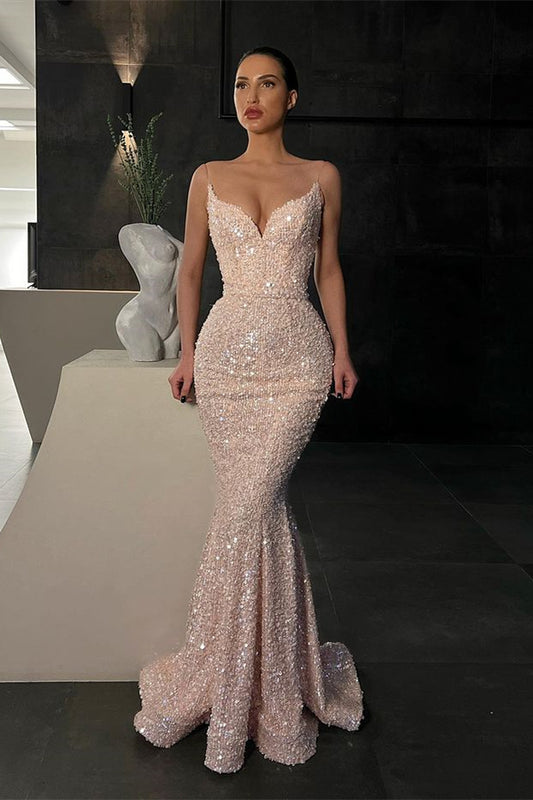 Spaghetti Strap Long Evening Dress Mermaid With Sequins