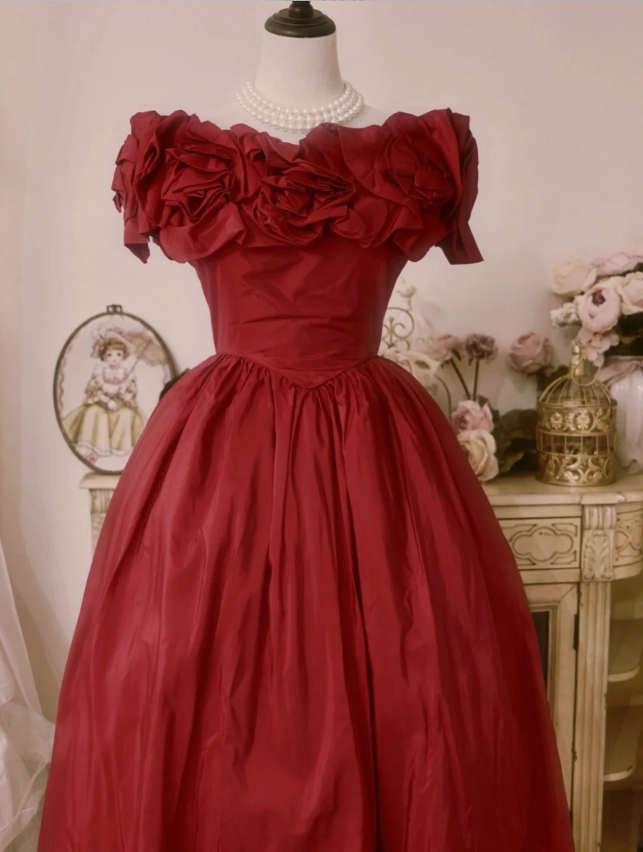 Vintage Court Red Bow Off-The-Shoulder Satin Ball Gown Evening Dress P4294