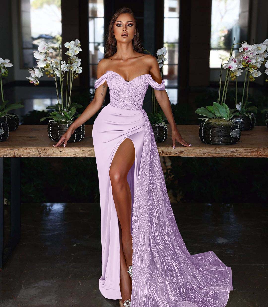 Ligth Blue Off-the-shoulder Mermaid Evening Dress Long Slit with Sequins Ruffles