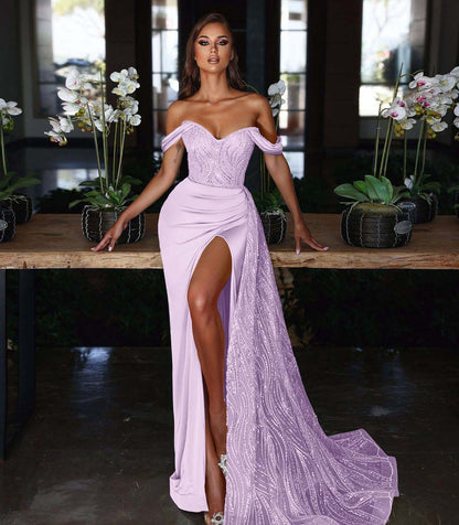 Ligth Blue Off-the-shoulder Mermaid Evening Dress Long Slit with Sequins Ruffles