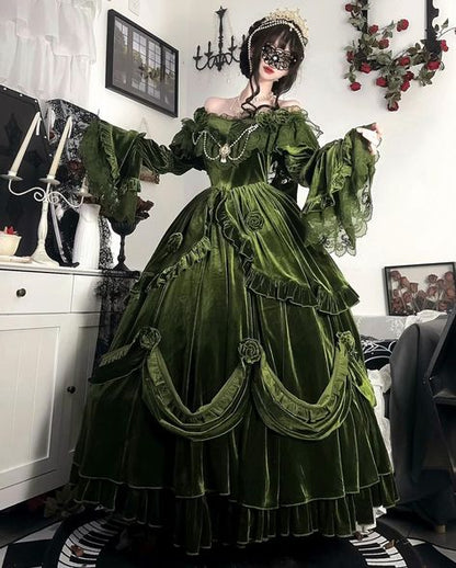 Green Exquisite Ball Gown Off the Shoulder Velvet Long Party Dress Prom Dress SH3594