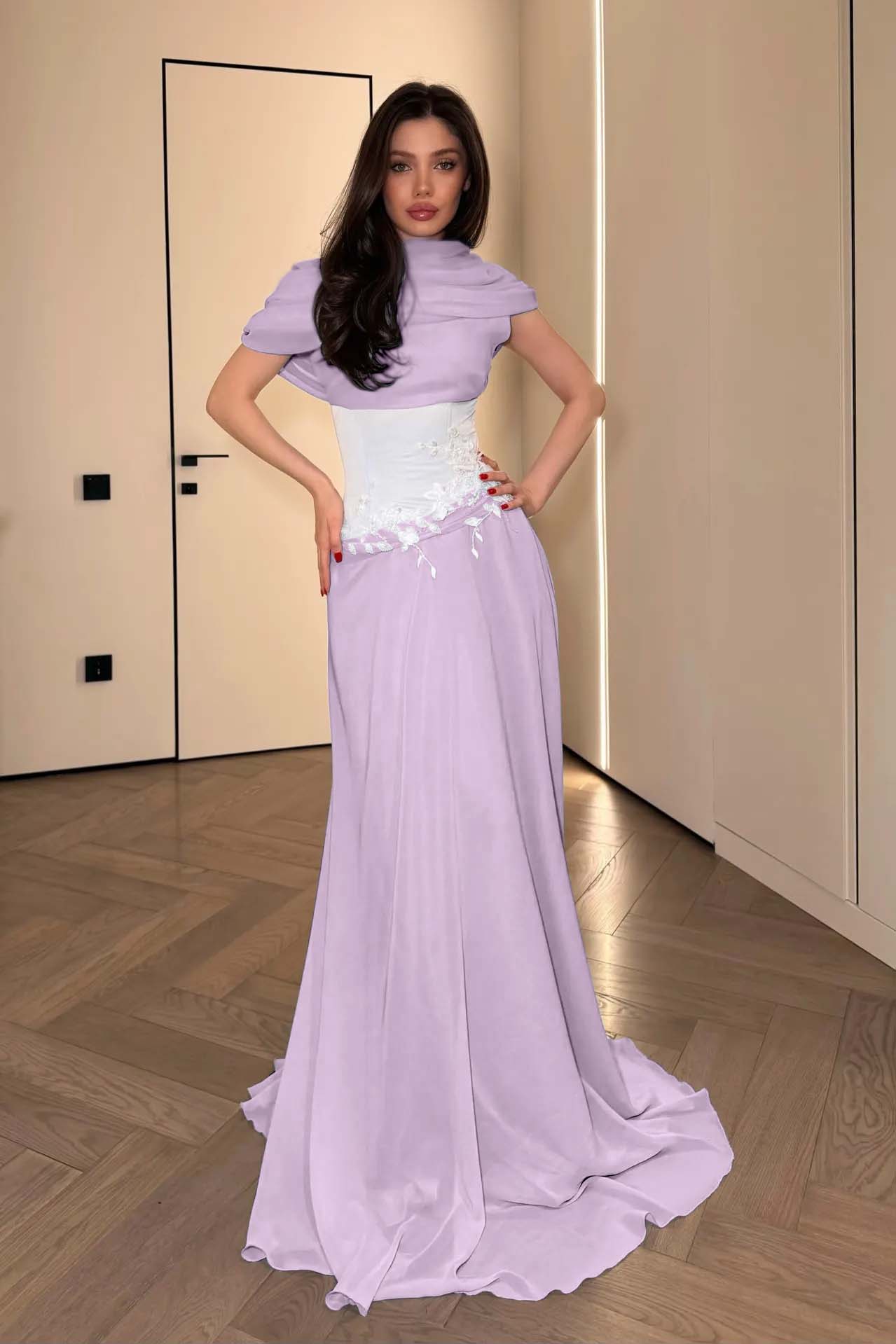 Stunning Chiffon Pleated Embroidery Evening Dress with Draped Shawl Neck