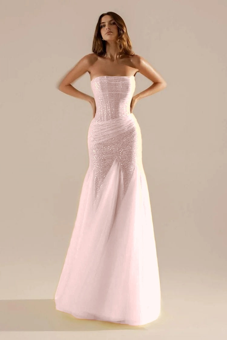 Sleeveless Strapless Square Prom Dress With Sequins