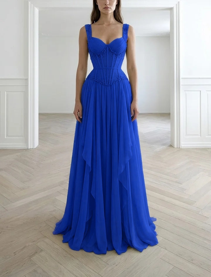 Graceful Sleeveless Wide Straps Beaded Ruffles Long Evening Dress