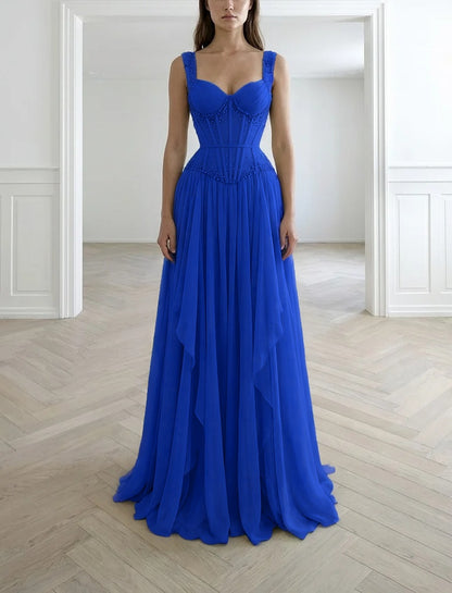 Graceful Sleeveless Wide Straps Beaded Ruffles Long Evening Dress