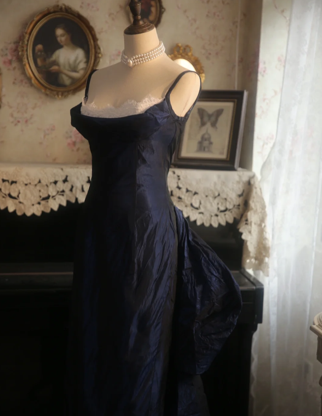 Vintage Navy Blue Mermaid Spaghetti Strap Square Neck Backless Satin Train Prom Dress Evening Dress P4298