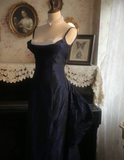 Vintage Navy Blue Mermaid Spaghetti Strap Square Neck Backless Satin Train Prom Dress Evening Dress P4298