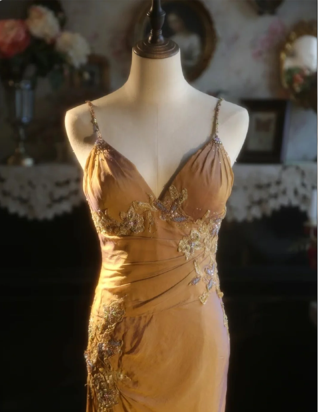 Elegant Ginger Yellow Mermaid V-neck Beaded Embroidered Satin Prom Dress Evening Dress P4299