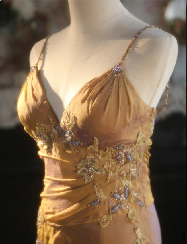 Elegant Ginger Yellow Mermaid V-neck Beaded Embroidered Satin Prom Dress Evening Dress P4299