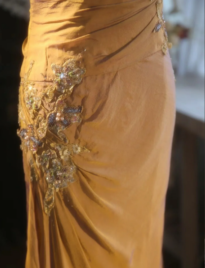 Elegant Ginger Yellow Mermaid V-neck Beaded Embroidered Satin Prom Dress Evening Dress P4299