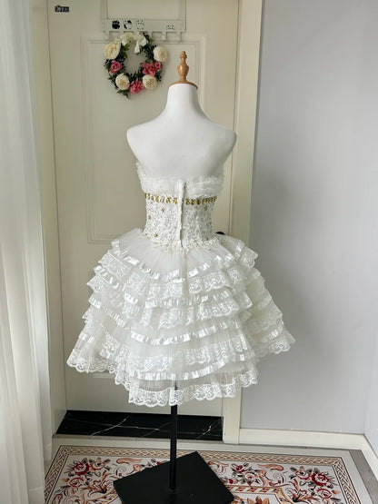 Chic Homecoming Dress Strapless Cascade Lace Back to School Outfits Party Dress  D6464