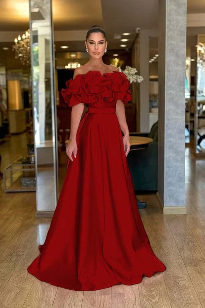 Lovely Pink Off-The-Shoulder Prom Dress With Handmade Flower