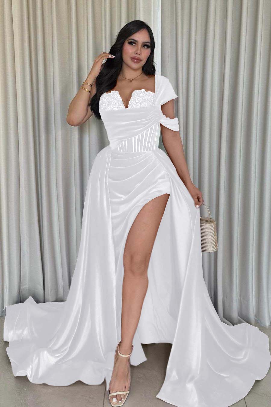 Glamorous Velvet One Shoulder Sleeveless Long Pleated Prom Dress with Split