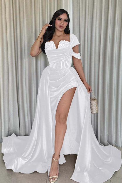 Glamorous Velvet One Shoulder Sleeveless Long Pleated Prom Dress with Split