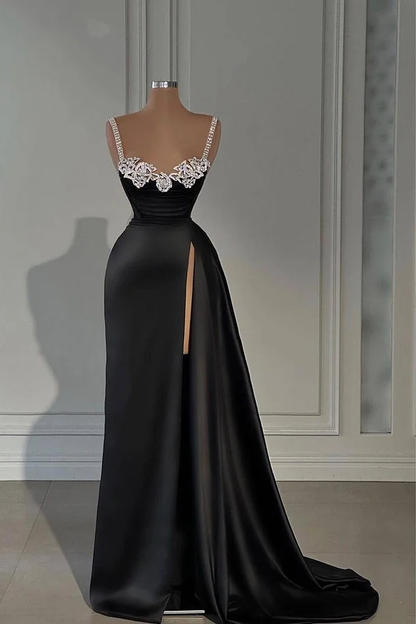 Black Sleeveless Spaghetti Straps Beads Mermaid Prom Dress
