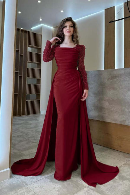 Gentle Beaded Long Sleeves Prom Dress With Detachable Trail